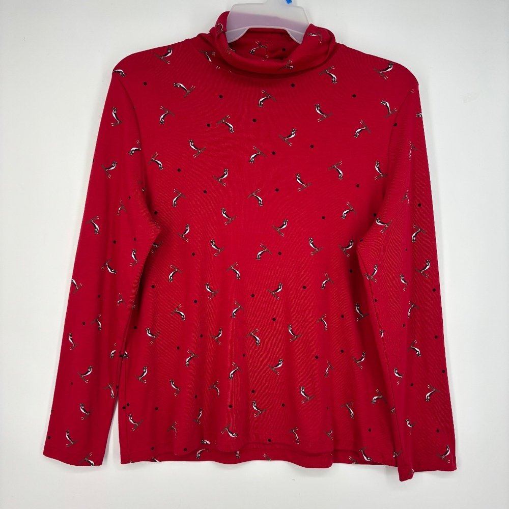 Karen Scott Womens XL Turtleneck Top Red Skiing Birds Ducks Cotton Poly Long Slv